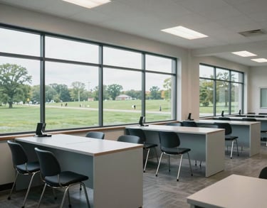 An interior shot of a modern, professional training center with large windows overlooking a green Indiana landscape, clean lines and light blue-gray furniture.