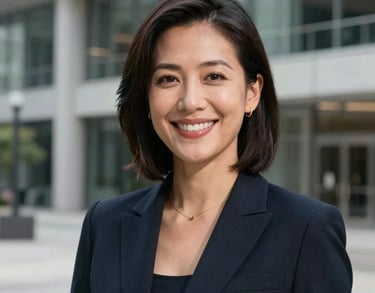 A professional headshot of a woman in a dark navy business suit, smiling confidently in a modern architectural building in Indiana.