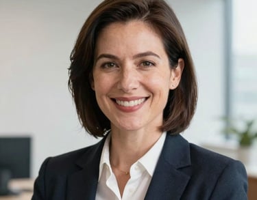 A professional headshot of a woman in business attire, smiling warmly in a bright office environment, North American / US / Indiana setting, clean background.