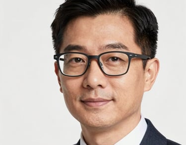 A professional headshot of a person wearing modern stylish glasses and business attire, clean white background, North American professional style.