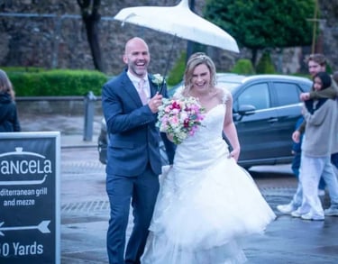 a bride and groom walking down the street