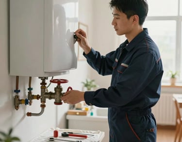A professional technician in a clean navy uniform neatly adjusting a boiler valve in a bright, well-lit home utility room, clean tools laid out on a protective drop cloth, warm natural lighting, medium shot.