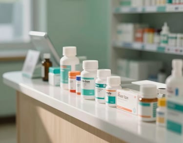 A close-up photograph of a clean, modern pharmacy counter in a Southeast Asian clinic, featuring neatly organized medical supplies and soft green accents, warm natural lighting.