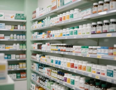 Photography of a well-lit, modern Southeast Asian pharmacy interior with shelves stocked with vitamins and health products, soft green and white color palette.
