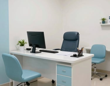 Interior photography of a bright and welcoming medical consultation room in Indonesia, with a professional desk and comfortable seating, clean aesthetic with soft blue details.