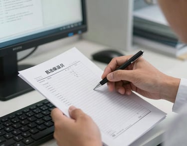 Close-up of a Southeast Asian professional handling medical records on a computer, focus on the hands and screen in a clean, professional office environment.