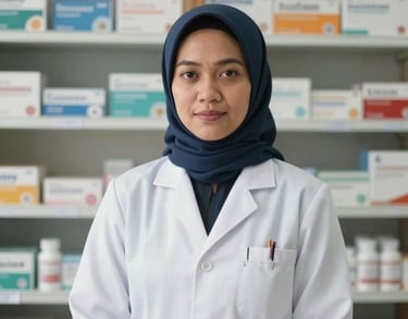 Portrait of an Indonesian female pharmacist in a clean professional uniform standing in front of organized medicine shelves, soft natural light.
