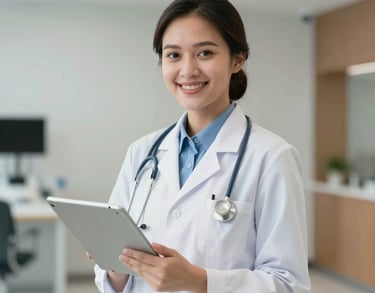 Portrait of an Indonesian clinical staff member holding a tablet, smiling warmly in a modern healthcare environment, bright and clean photography.