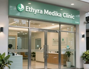 Photography of the modern entrance of Ethyra Medika clinic in Indonesia, featuring clean glass doors, soft green signage, and a welcoming atmosphere.