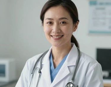 Professional portrait of a female doctor in her late 30s, Southeast Asian, wearing a white clinical coat and a stethoscope, smiling with a trustworthy expression in a bright clinic setting.