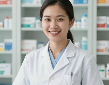 Portrait of a friendly Southeast Asian pharmacy assistant in a professional uniform, smiling warmly, soft-focus background of a clean medicine cabinet.