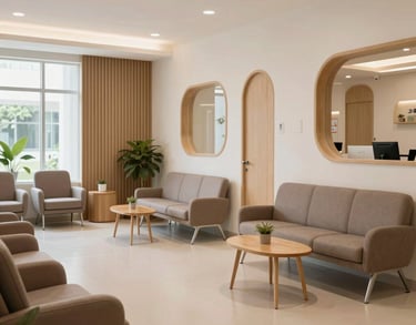 A wide shot of a modern, clean waiting area in an Indonesian family clinic, featuring comfortable chairs and biophilic design elements with soft natural light.