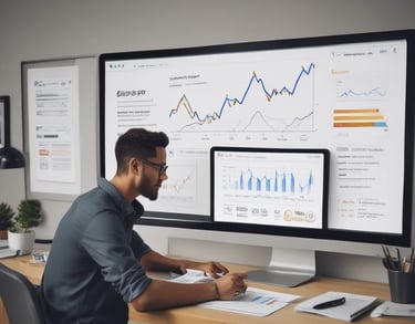 A male data analyst reviews financial charts and business metrics on a large computer monitor.