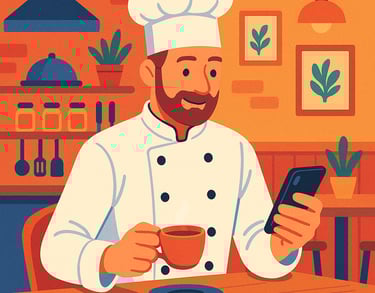 Ilustración en Hostelería, cocinero usando el comparador Dighoreca mientras toma un café
