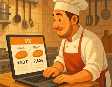 Ilustración en Hostelería, cocinero usando el comparador de Dighoreca para el pan