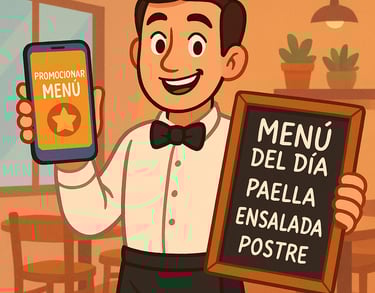 Ilustración en Hostelería, camarero promocionando un menú