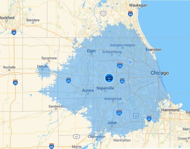 Service area map showing coverage across Chicago, Naperville, and Joliet suburbs.