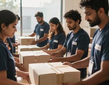 An image of a group of diverse South Asian volunteers working together to pack aid boxes, sunlight streaming through a large window.