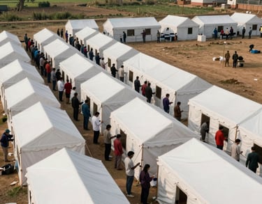 A wide shot of a mobile medical camp in a South Asian rural landscape, with white tents and organized queues, conveying a sense of order and care.