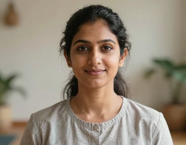 A headshot of a South Asian female yoga therapist in a serene indoor studio, wearing professional attire, peaceful and trustworthy expression.