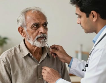 A portrait of a South Asian elderly man receiving a medical checkup from a kind doctor, focusing on the respectful interaction and trust.