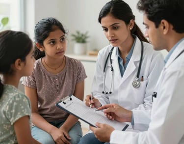 A healthcare provider explaining a chart to a South Asian family in a bright, modern consultation room, focusing on clarity and compassion.