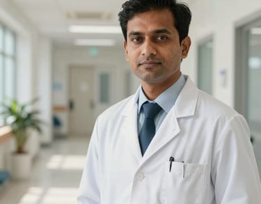 A professional headshot of a South Asian male physician in a white medical coat, standing in a clean, modern clinic hallway, soft morning light.