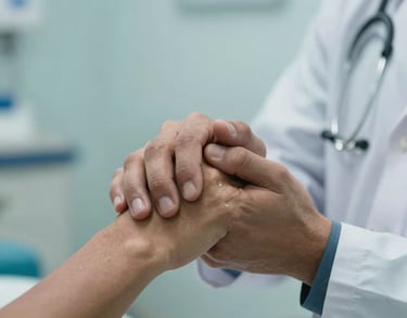 A close-up of a doctor's hand holding a patient's hand in a reassuring gesture, set in a clean South Asian clinic, soft blue tones.