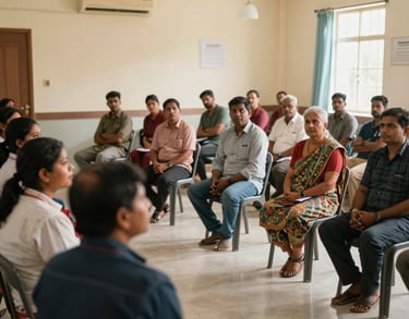 A candid shot of a health awareness workshop in a South Asian rural community center, people listening attentively, clean and professional setting.