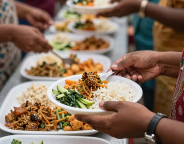 Photography of a nutritious meal being served during a food distribution drive in a South Asian community, focusing on the hands and fresh food.