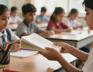 A close-up photograph of school supplies and books being handed to a South Asian child in a bright classroom, warm natural light, soft focus background.