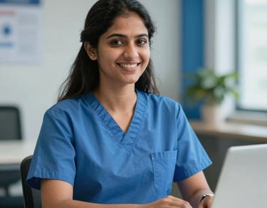 A professional portrait of a South Asian woman working as a social worker, smiling warmly in a bright office with blue and white accents.