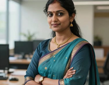 A professional portrait of a South Asian social worker in a modern office, wearing a traditional yet professional outfit, looking confident.