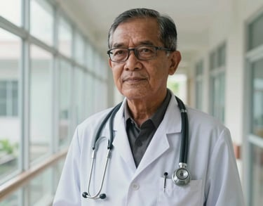 Portrait of a senior male doctor in West Kalimantan, wearing professional medical attire and a stethoscope, in a bright hospital corridor with glass walls.
