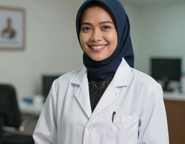 Professional portrait of an Indonesian female doctor in West Kalimantan, smiling warmly, wearing a white doctor coat in a modern medical office setting.