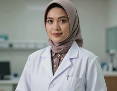 Professional portrait of a female physician in West Kalimantan wearing a white lab coat over formal attire, looking confident in a clean medical facility background.