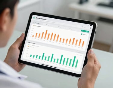 A close-up of a high-tech medical tablet displaying a health dashboard, held by a professional in a white coat in an office in West Kalimantan, soft natural lighting.