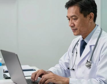 An Indonesian doctor in West Kalimantan using a laptop for a telemedicine consultation, professional and technological atmosphere in a clean clinic.
