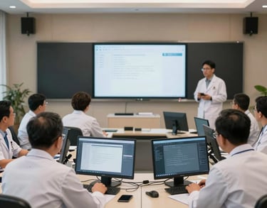 A modern medical conference room in West Kalimantan with doctors participating in a digital transformation workshop, featuring screens and collaborative tech.