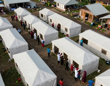 An aerial view of a healthcare outreach program in a remote area of West Kalimantan, showing organized medical tents and local community interaction.
