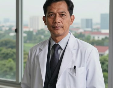 Portrait of a male doctor in West Kalimantan, wearing a formal suit and white coat, standing in front of a window overlooking a green urban landscape.