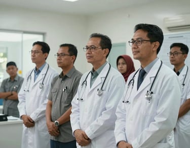 A group of medical professionals in West Kalimantan standing together during a public health education session, bright and modern clinical setting.