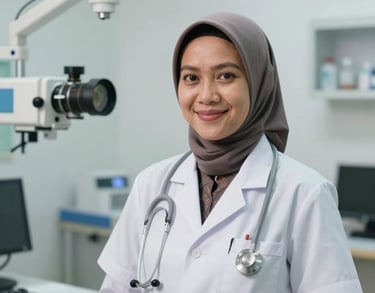 Professional portrait of a female medical practitioner in West Kalimantan, smiling, in a brightly lit clinic environment with blurred medical equipment.