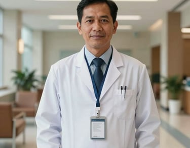 Portrait of a medical specialist in West Kalimantan, standing in a brightly lit modern hospital lobby, wearing a professional white coat and lanyard.