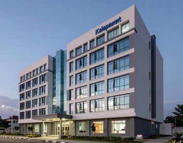 A beautiful architectural shot of a modern medical facility in West Kalimantan at dusk, emphasizing a clean, functional, and professional design.