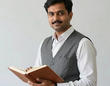 A portrait of a male teacher in an Indian school setting, holding a book and standing near a whiteboard. Modern, professional attire.