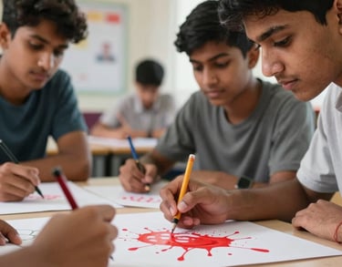 A close-up of South Asian students collaborating on a creative art project in a bright classroom. Splashes of red and white in the background.