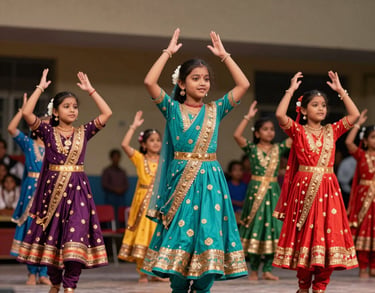 A vibrant shot of South Asian school children participating in a cultural dance performance on a school stage, wearing colorful traditional dress.