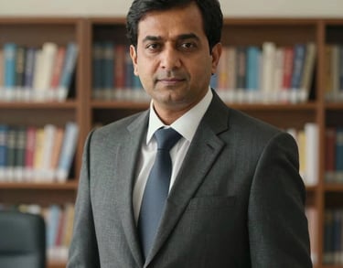 Professional portrait of Shareef Akhtar, a South Asian man in his 40s wearing a suit, standing in a school office setting with bookshelves in the background.