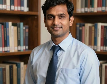 Portrait of a South Asian male educator in a library, surrounded by books. He is wearing a professional shirt and tie.